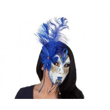 Blue Venetian Face Mask with a Feather